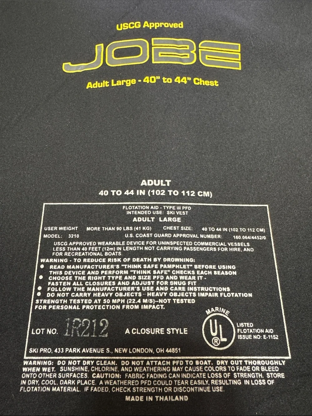 Jobe Life Water Ski Vest Adult Size Large 40